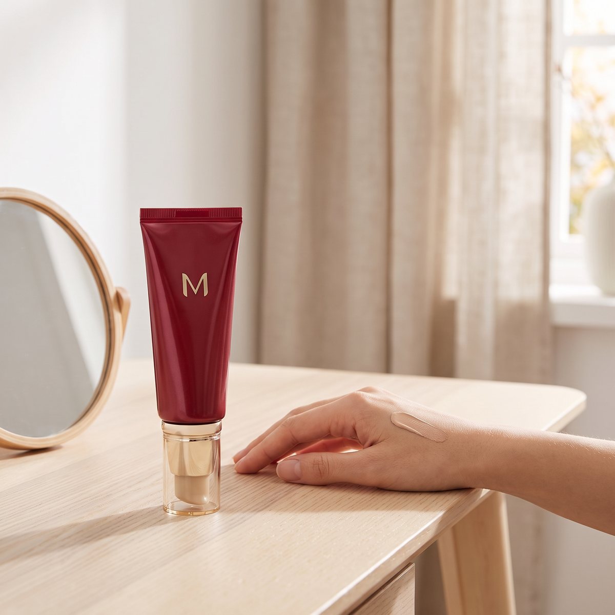 Missha M Perfect Cover BB Cream i röd tub på ett sminkbord av ljust trä, med en strimma beige kräm på handryggen bredvid