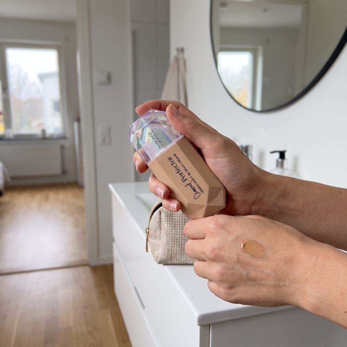 Physicians Formula Diamond Perfector BB Cream i kristallformad flaska i handen, med en klick kräm på handryggen vid ett vitt badrumsskåp