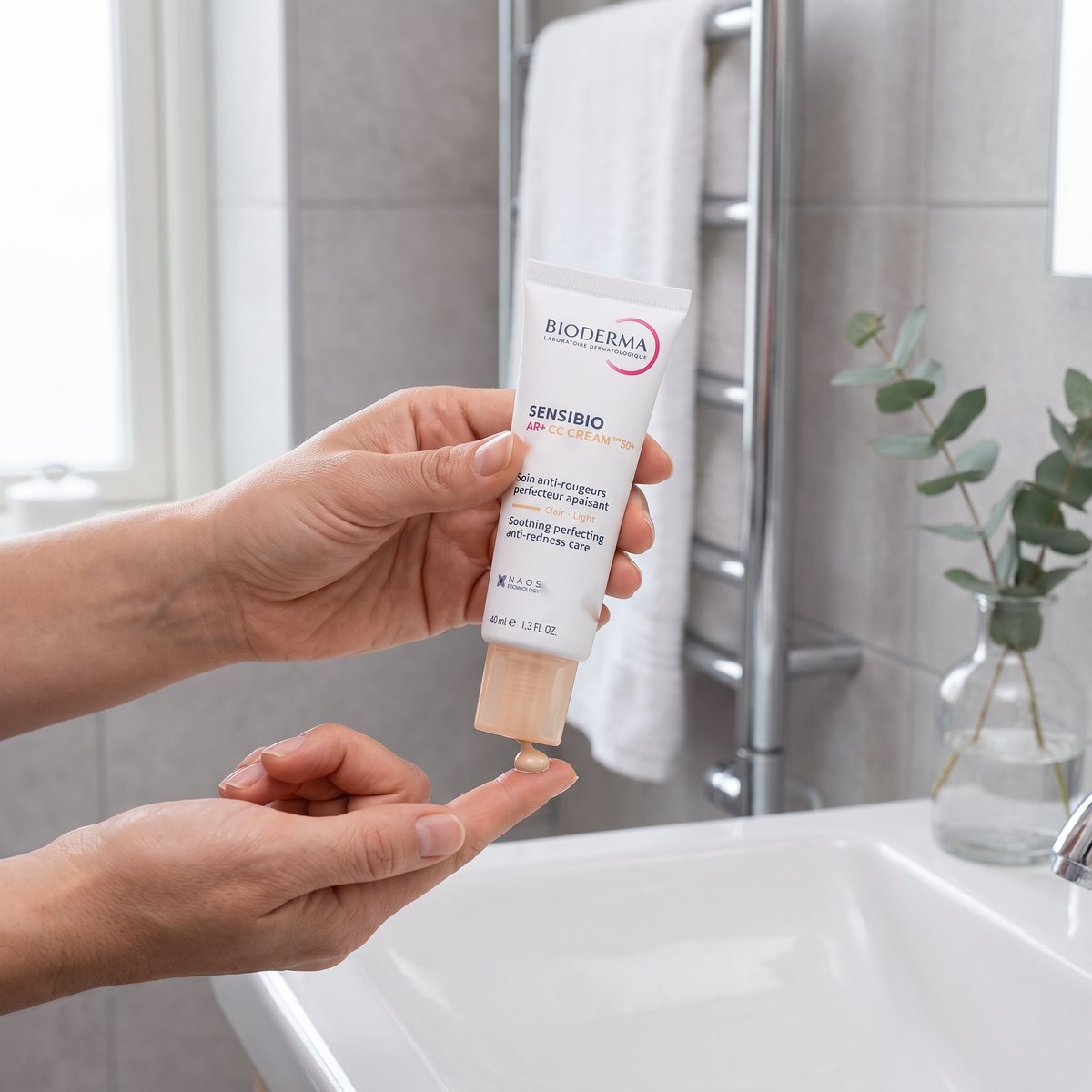 Bioderma Sensibio AR+ CC Cream hålls över handfatet i ett grått kaklat svenskt badrum, med en klick kräm på fingertoppen