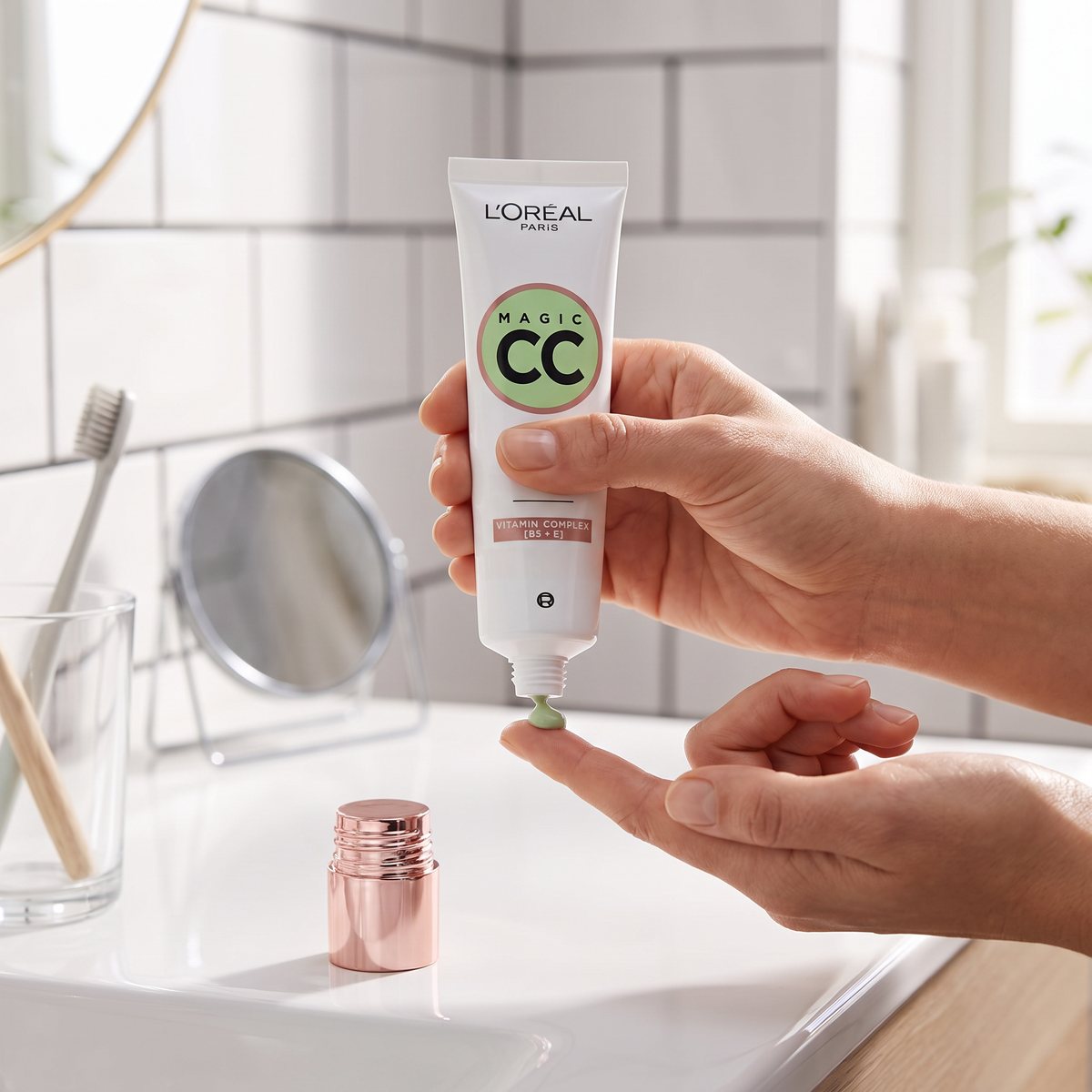 L'Oréal Paris Magic CC klämmer ut en grönaktig klick på fingertoppen vid ett vitt kaklat badrumsskåp med roséguldfärgat lock