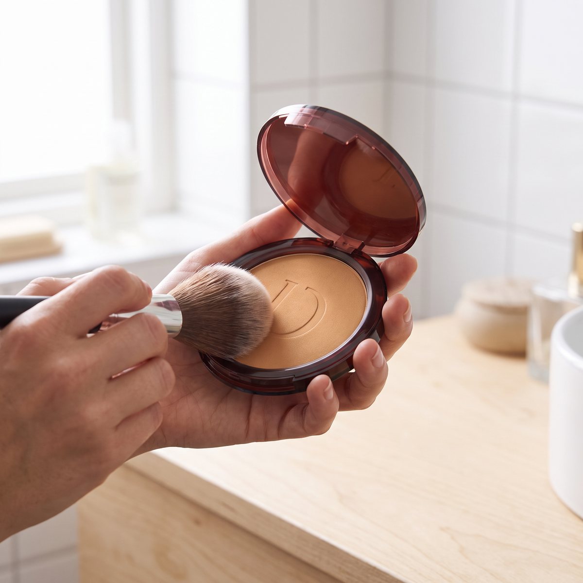 Hand håller en öppen IsaDora The Bronzing Powder medan en borste sveps över pudret vid ett ljust tvättställ i ett svenskt badrum