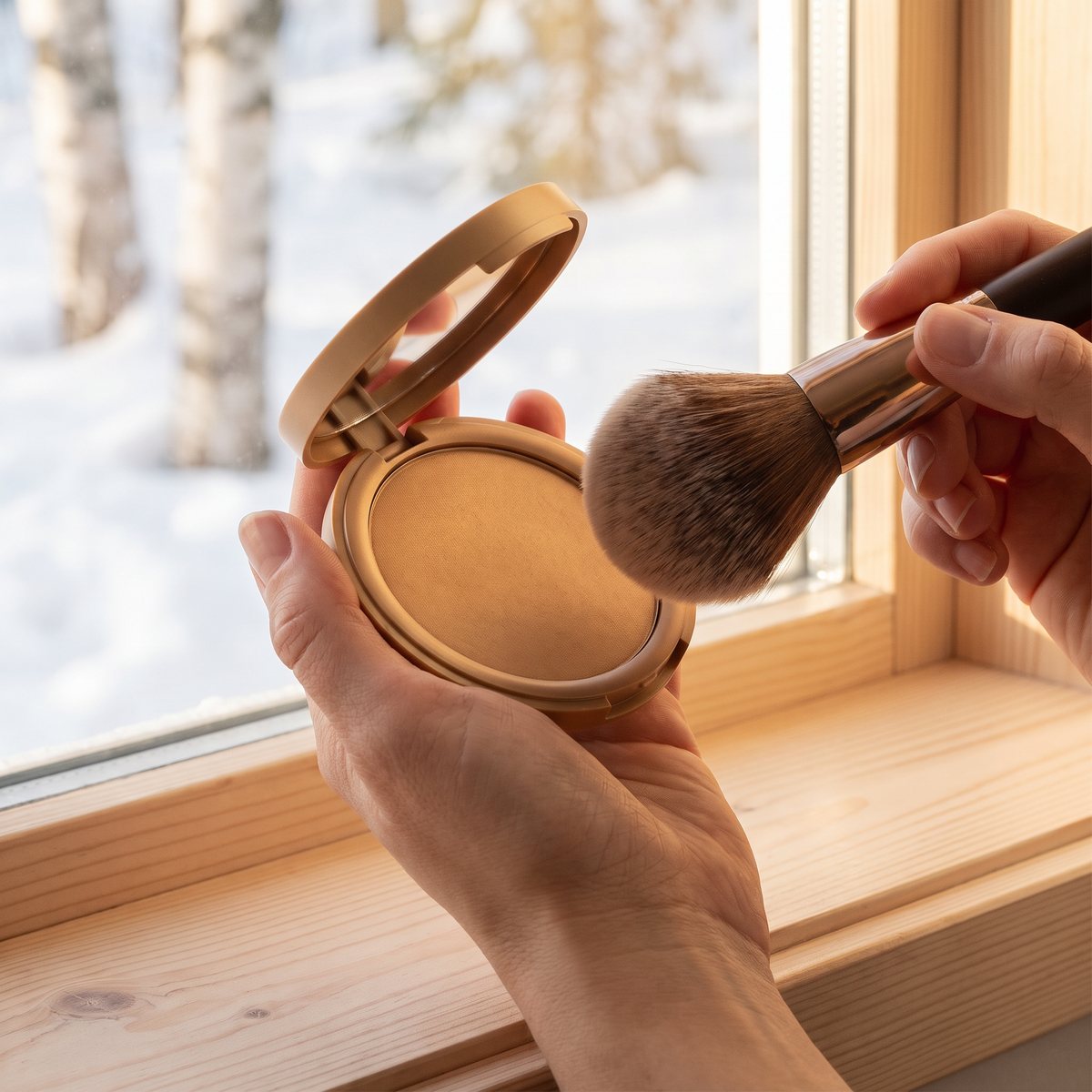 Hand håller öppen Lumene Natural Glow Bronzer med en stor puderborste vid ett fönster med snö och björkar utanför