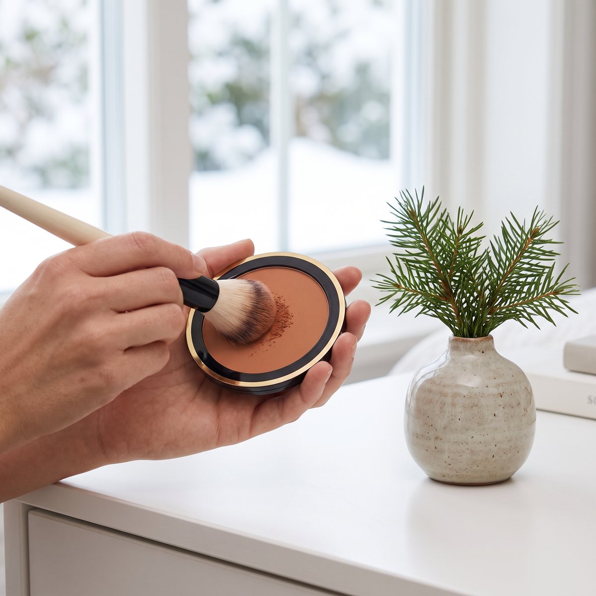 Borste i Max Factor Facefinity Bronzer på en vit byrå med en tallkvist i vas och snö utanför fönstret