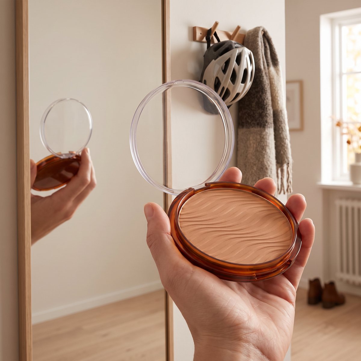 Öppen Rimmel Natural Bronzer i handen framför hallspegeln, med cykelhjälm och halsduk på krokarna i en svensk hall