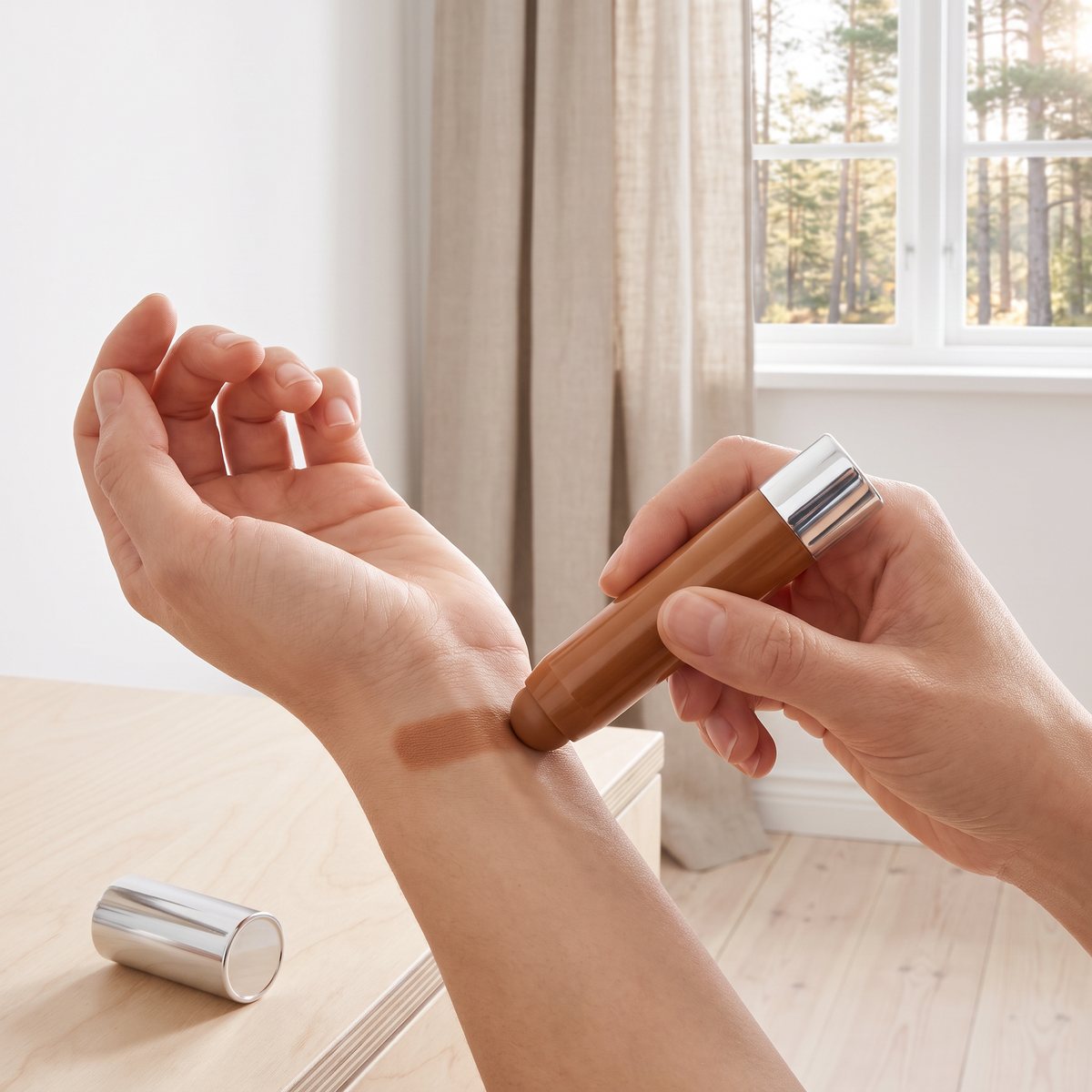 Clinique Chubby Stick Sculpting Contour som provas på handleden vid ett byrå i ljust trä, med tallskog utanför fönstret