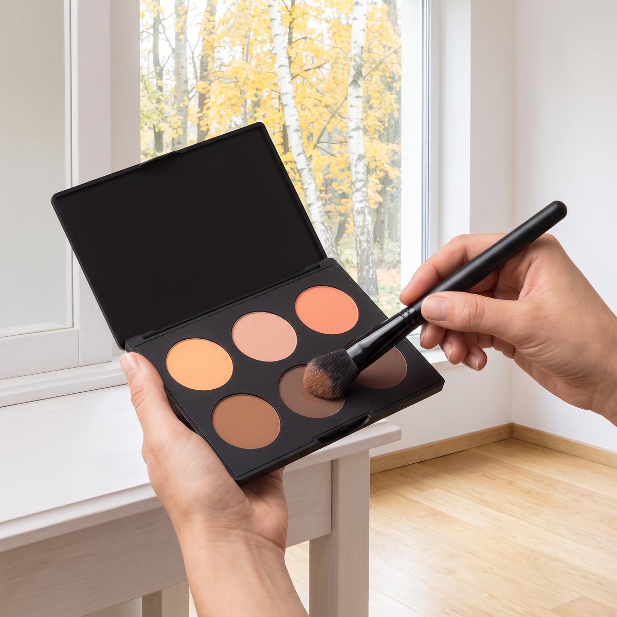 Öppen MAC Studio Fix Sculpt and Shape-palett med sex puder, där en borste doppas i en brun konturnyans vid ett fönster med höstbjörkar