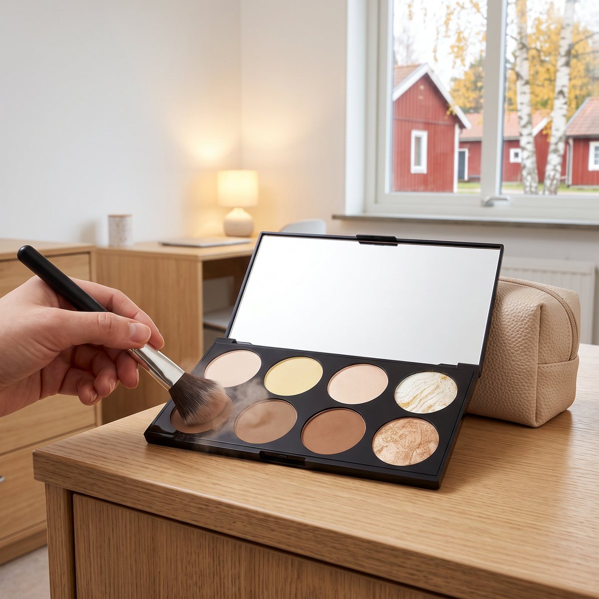Öppen Makeup Revolution Ultra Contour-palett med åtta puder på ett skrivbord i ljust trä, med röda trähus och björkar utanför fönstret