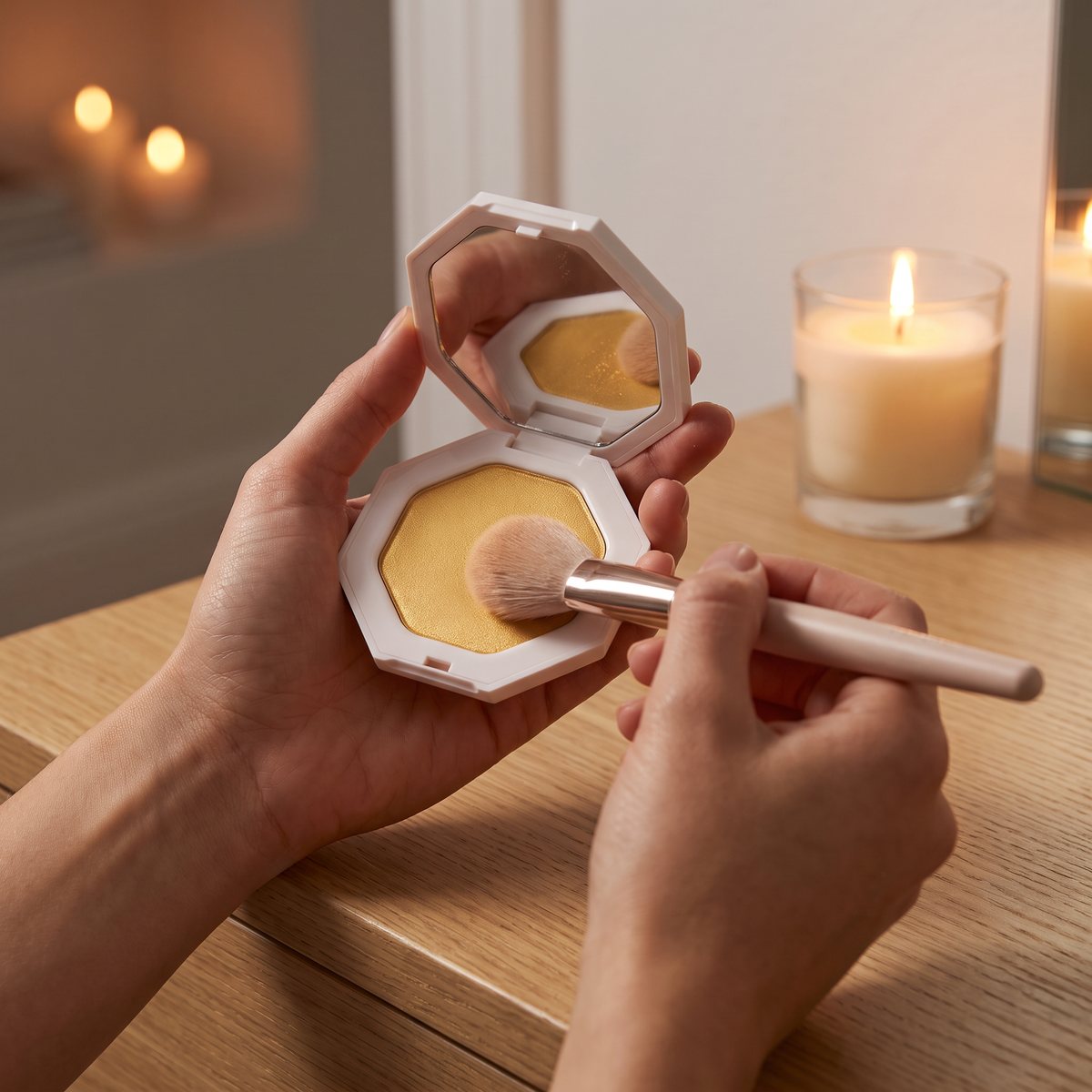 Fenty Beauty Killawatt-highlighter i guld, öppen i handen med en borste i pudret, på ett ekbord i levande ljus