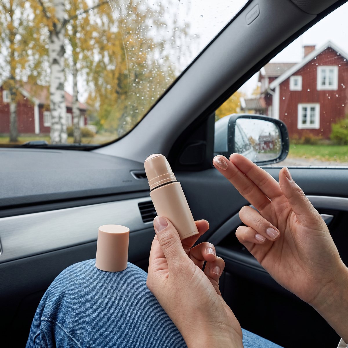 IsaDora Glow Stick i nougatbeige utan lock i handen, med skimmer på fingertoppen, i en parkerad bil en regnig höstdag