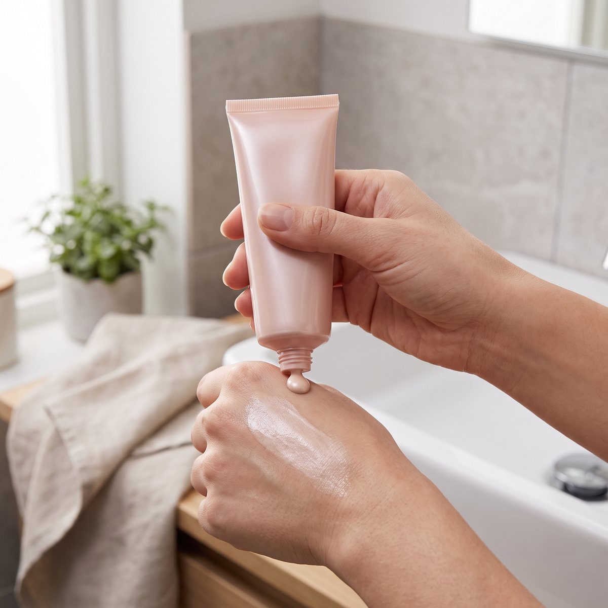 L'Oréal Lumi Glotion-tub som klämmer ut en droppe på handryggen vid ett vitt badrumshandfat