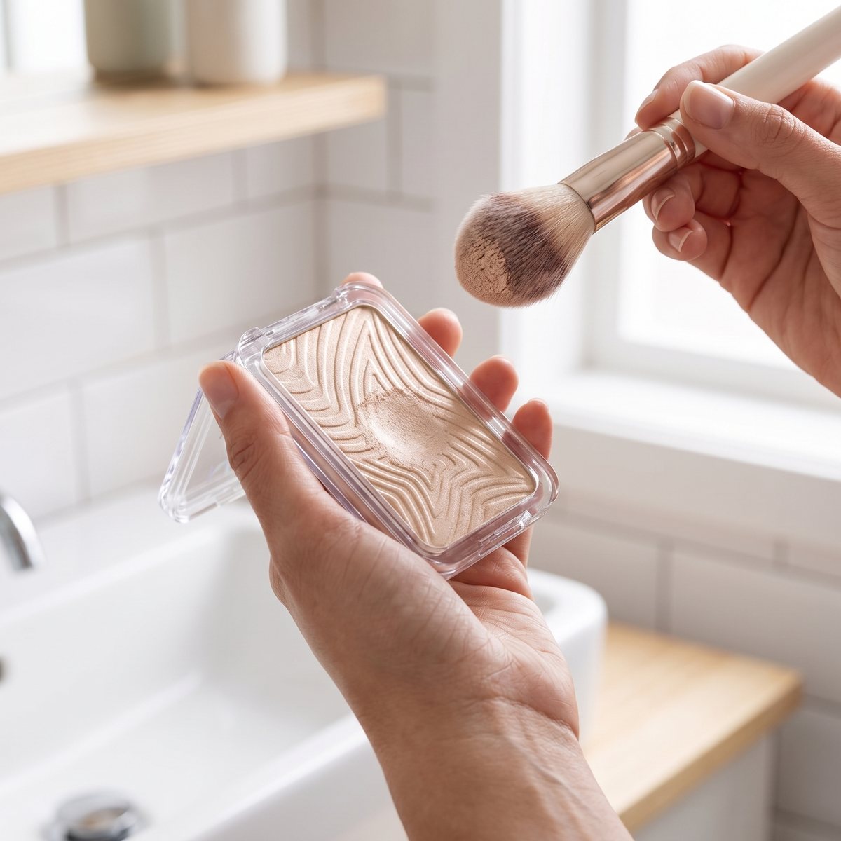 NYX Buttermelt Highlighter i genomskinlig burk med vågmönstrat puder, hålls i handen framför ett vitt badrumshandfat