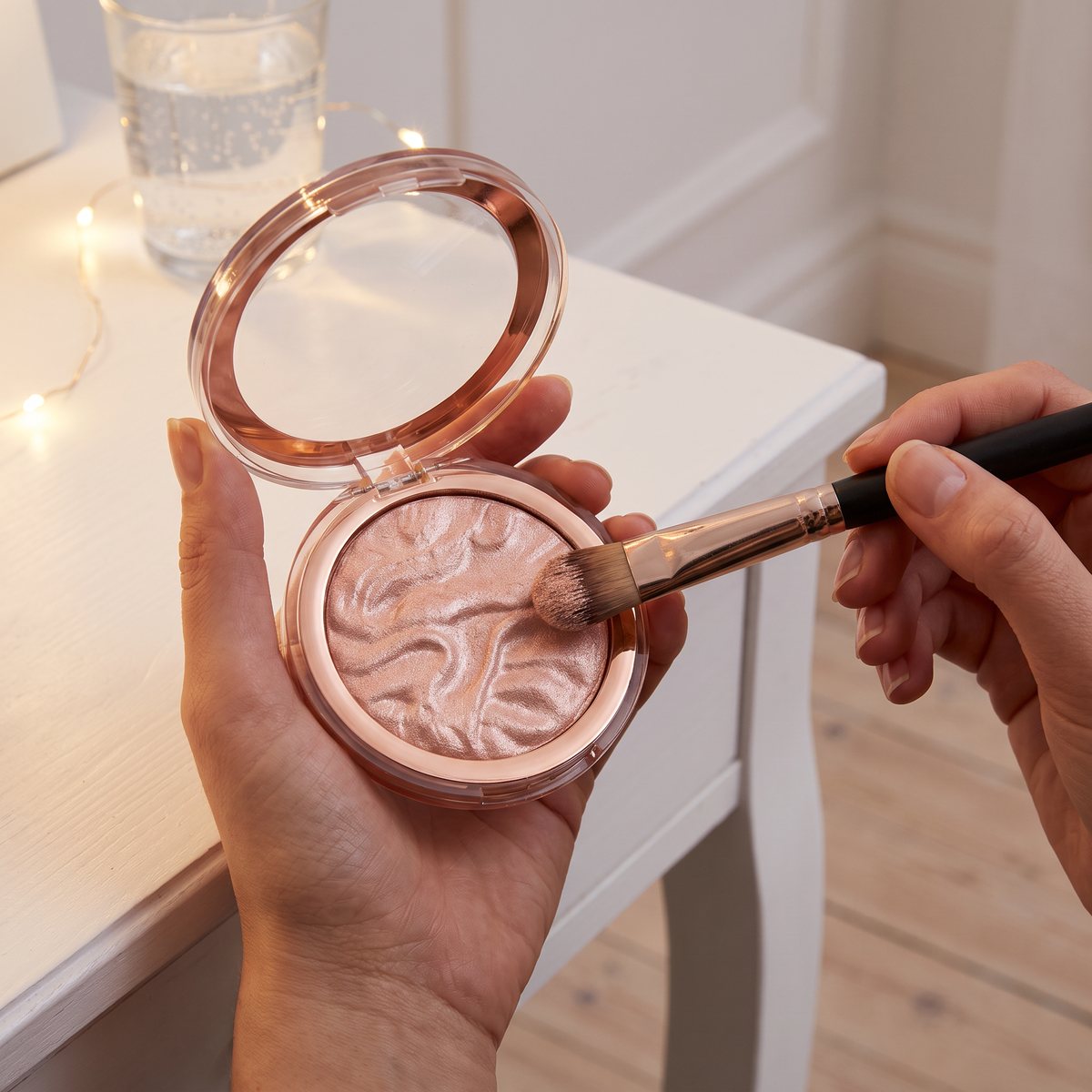 Makeup Revolution Highlight Reloaded med virvelmönstrat rosa puder, öppen i handen med en pensel, vid ett vitt sminkbord