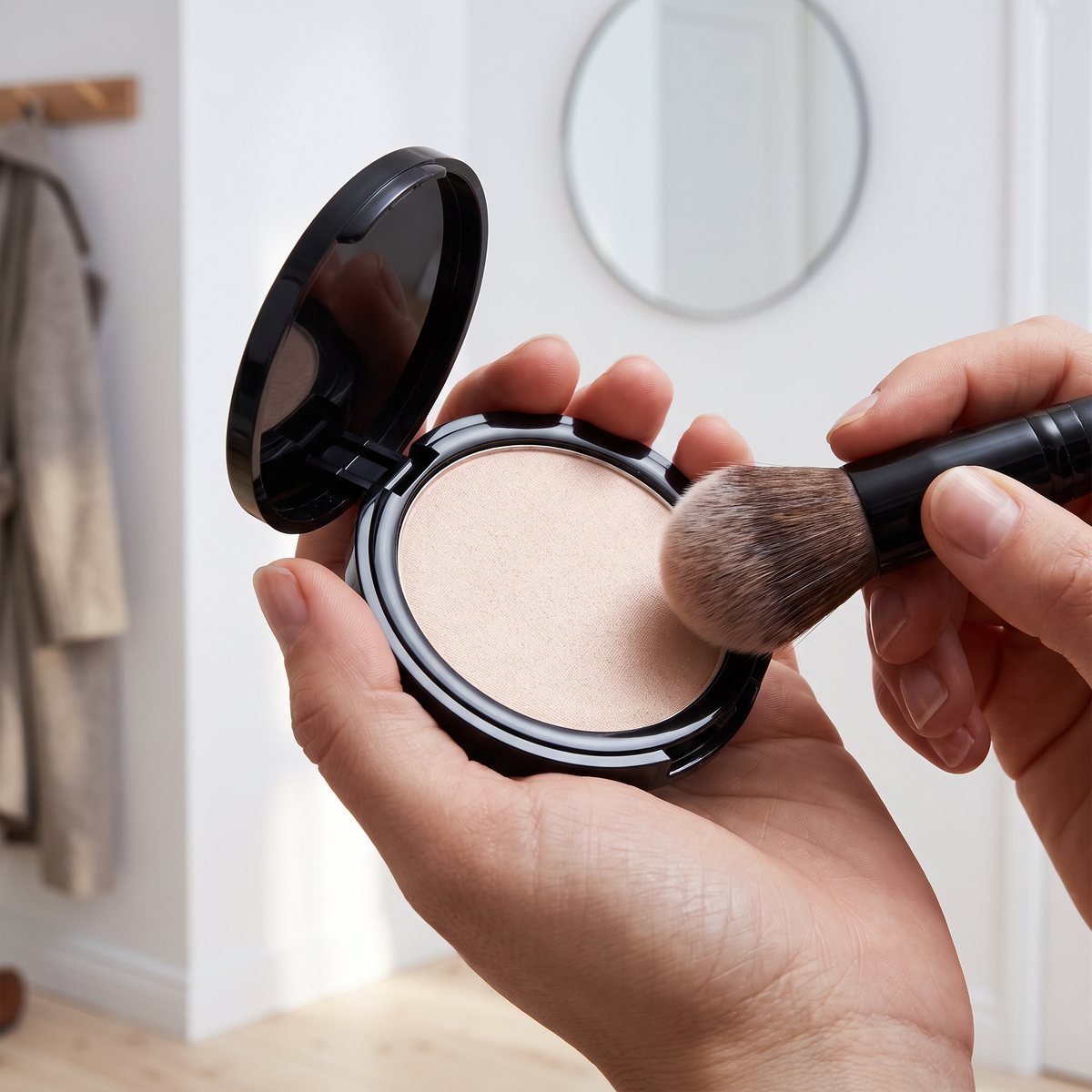 Rimmel London Highlighter i svart burk, öppen i handen med en tät borste mot det ljusa pudret, i en ljus hall