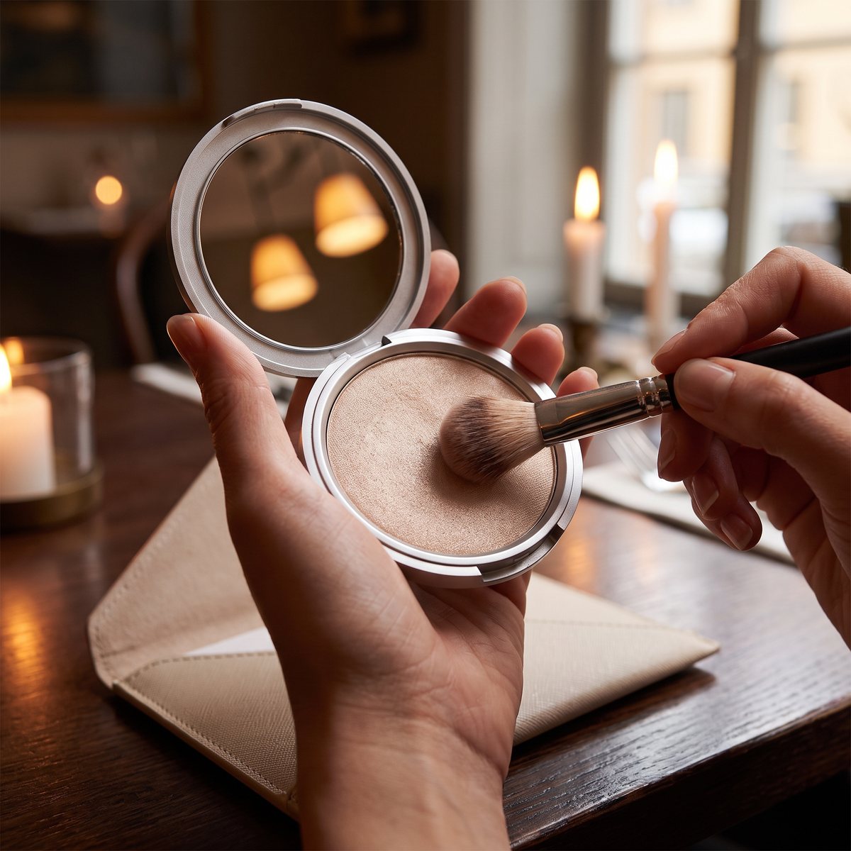 theBalm Mary-Lou Manizer, öppen med spegel och borste, ovanför en kuvertväska på ett restaurangbord i levande ljus