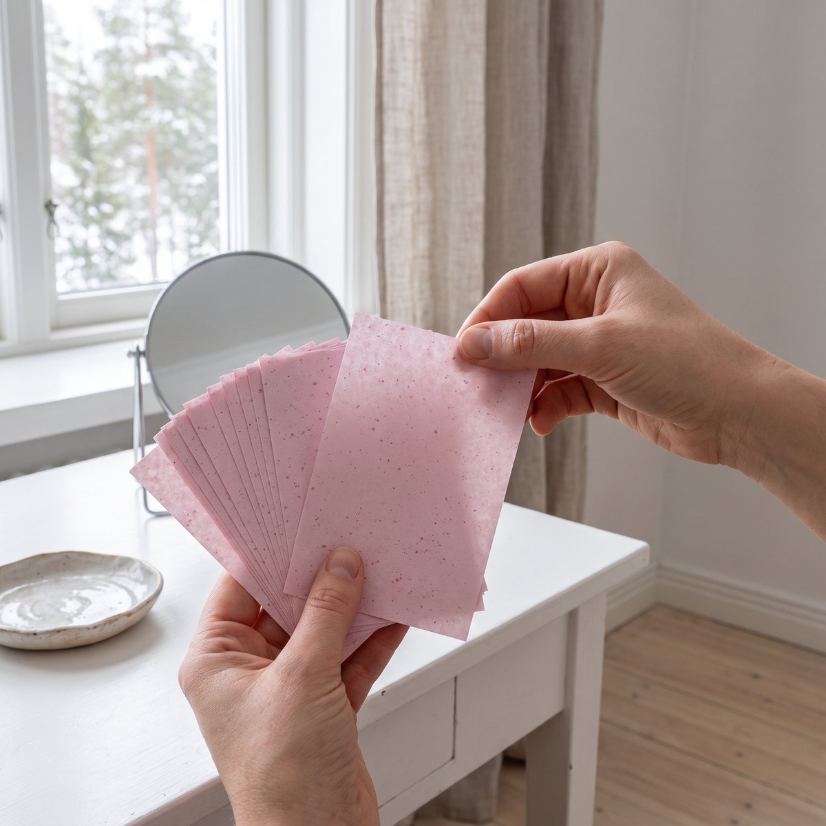 Händer håller en solfjäder av rosa prickiga blottingpapper vid ett vitt sminkbord i ett ljust sovrum med vinterskog utanför