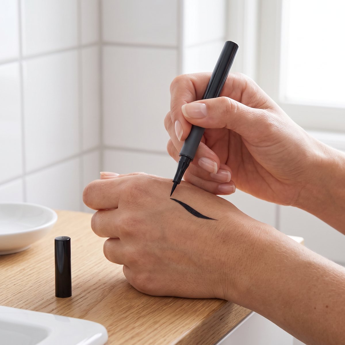 Hand som drar en svart vinge med IsaDora Flex Tip Eyeliner på handryggen vid ett ljust badrum med vitt kakel och ekskiva