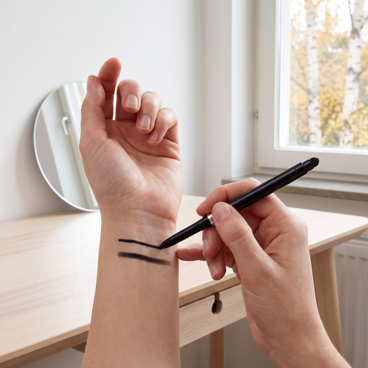 Hand som drar svarta streck med L'Oréal Infaillible Grip Gel Automatic Eyeliner på handleden vid ett sminkbord av björk, med höstbjörkar utanför fönstret