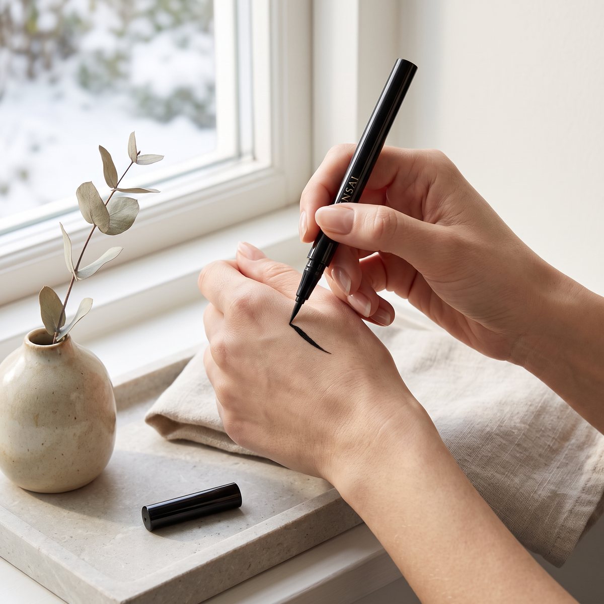 Hand som drar en spetsig vinge med Sensai Designing Liquid Eyeliner på handryggen vid ett fönster med snötäckt trädgård och en bricka av ljus sten