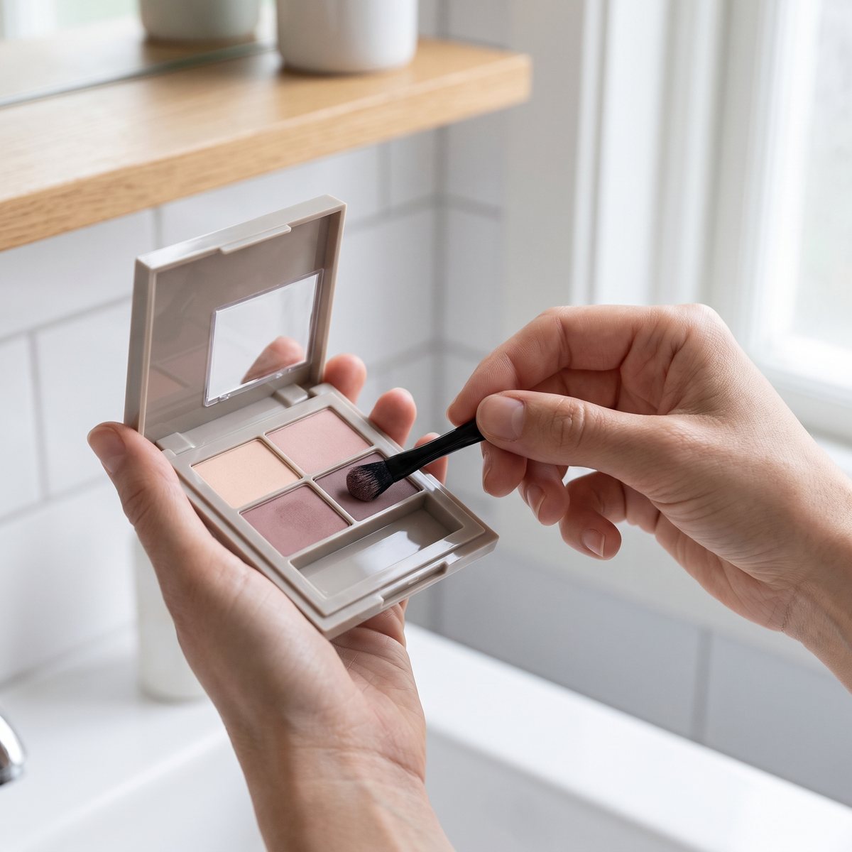 Händer håller IsaDora The Eyeshadow Quartet Muddy Nudes öppen med spegeln i locket och doppar applikatorn i den rosa nyansen vid ett vitt handfat i ett ljust svenskt badrum