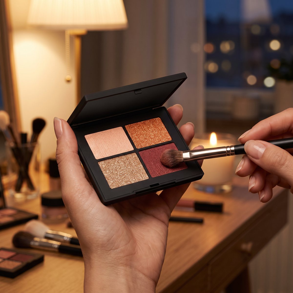 En hand håller NARS Quad Eyeshadow Singapore medan en pensel plockar upp den djupt rödbruna skimmernyansen vid ett sminkbord en höstkväll i en svensk lägenhet