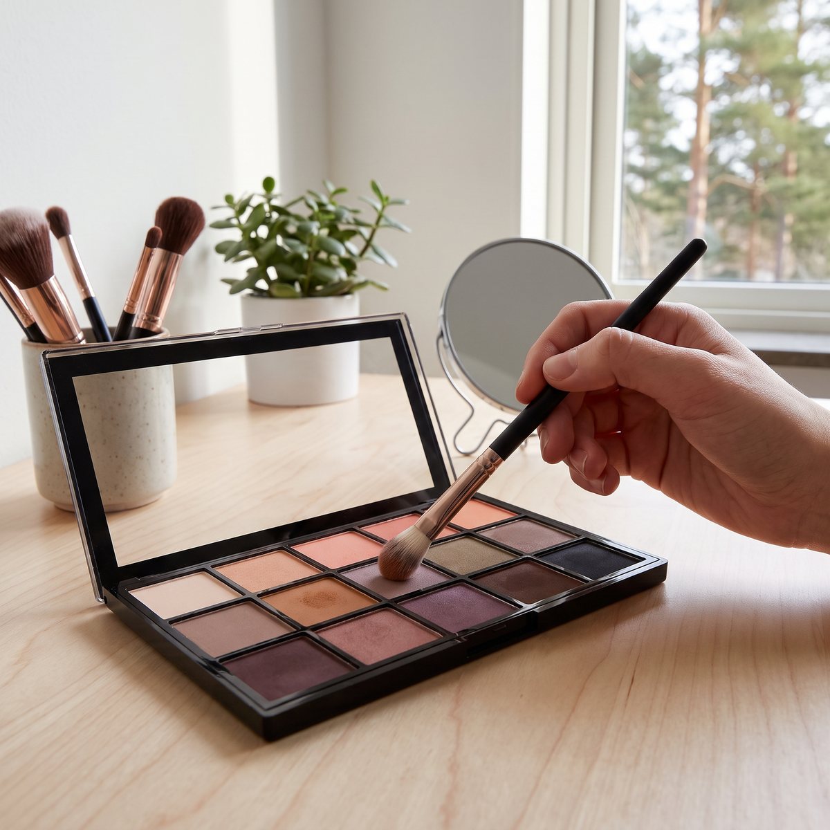 Makeup Revolution Re-Loaded Palette Basic Mattes med femton matta nyanser på ett ljust skrivbord medan en pensel tar upp kamelfärgat puder, med tallar utanför fönstret