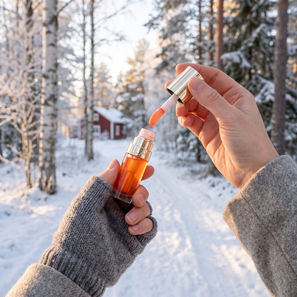 Händer i stickade halvvantar håller Clarins Lip Comfort Oil 05 Apricot och dess applikator på en snöig skogsväg med björkar och en röd stuga