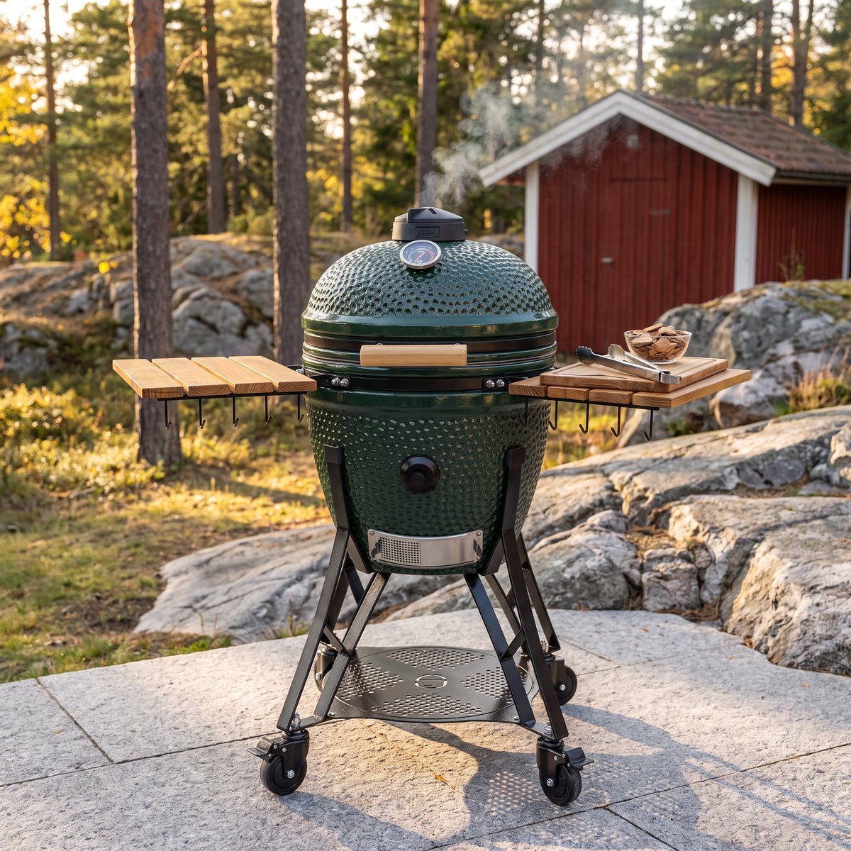 Grön Kamado Sumo-kamadogrill med stängt lock och sidobord i teak, på en uteplats av granithällar med tallar och en röd bod