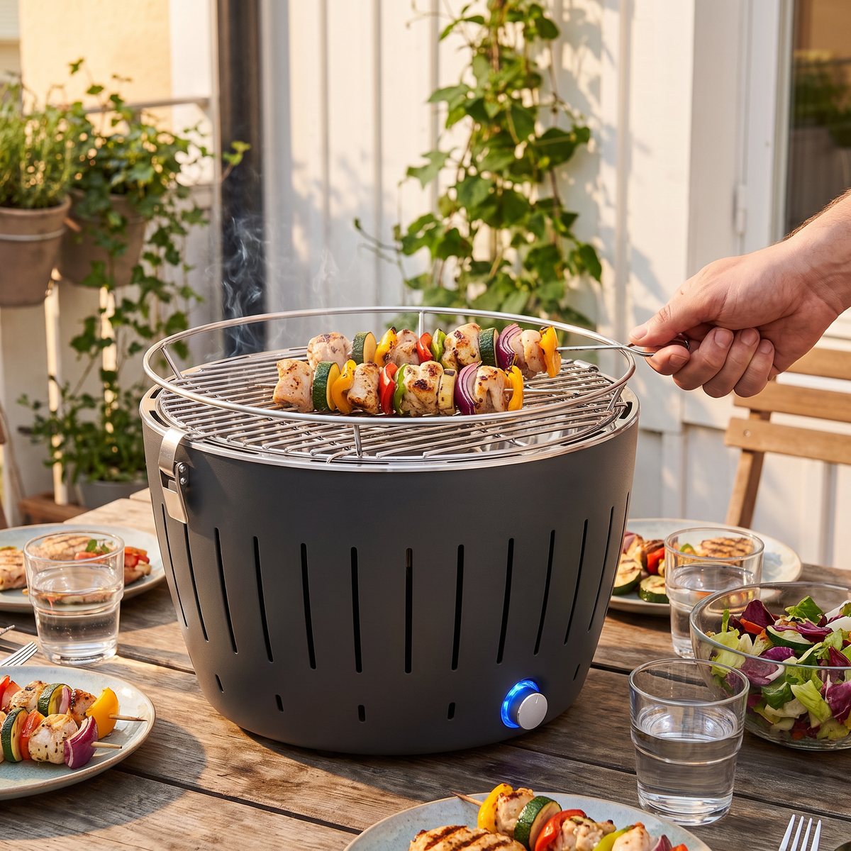 Antracitgrå Lotusgrill på ett trädgårdsbord med grillspett av kyckling och grönsaker, på en uteplats vid en vit husfasad