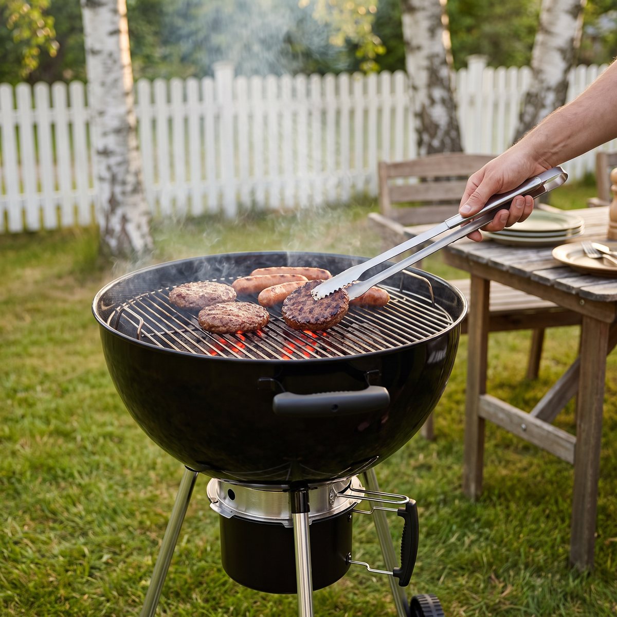 Mustang Gourmet 57 klotgrill med hamburgare och korv på gallret och en hand som vänder med grilltång, i en svensk trädgård med vitt staket och björkar