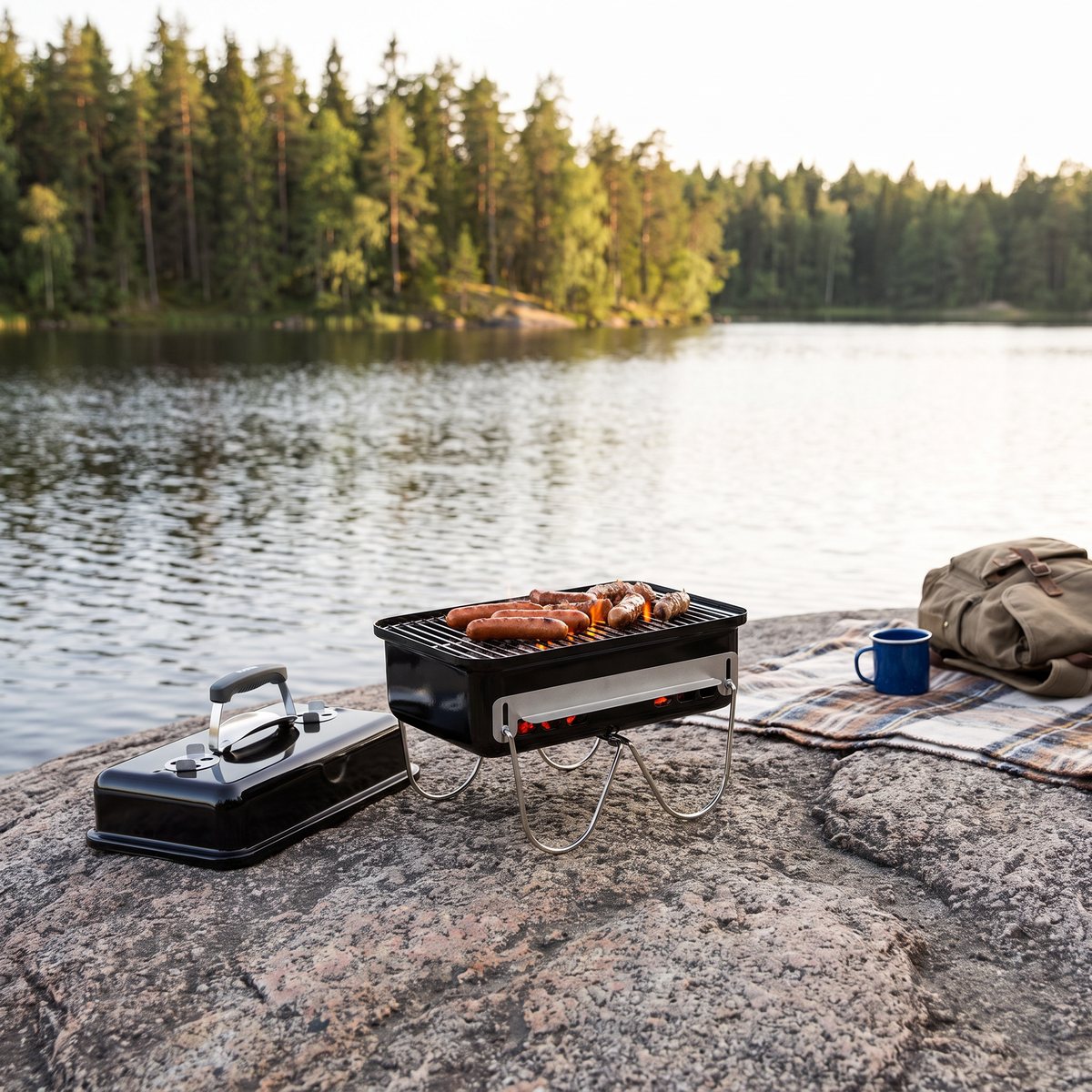Weber Go-Anywhere med korv på gallret, ställd på en granithäll vid en skogssjö med locket bredvid
