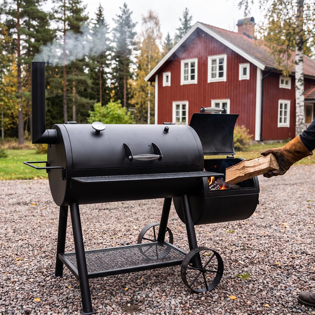 Oklahoma Joe's Highland offsetrökare på en grusgård där en hand i arbetshandske lägger ett vedträ i eldlådan, med ett rött hus i bakgrunden