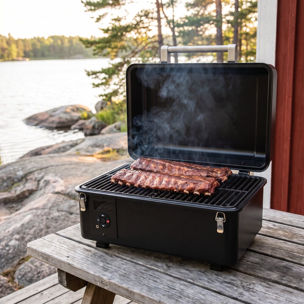 Traeger Ranger pelletsgrill med två revbensspjäll på ett bord vid en röd stuga vid en sjö med granithällar
