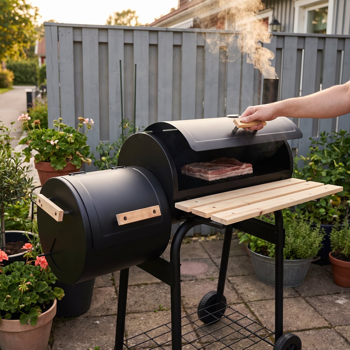 vidaXL Klassisk rökgrill BBQ Offset med fläsksida i kammaren på en liten uteplats vid ett radhus med grått plank