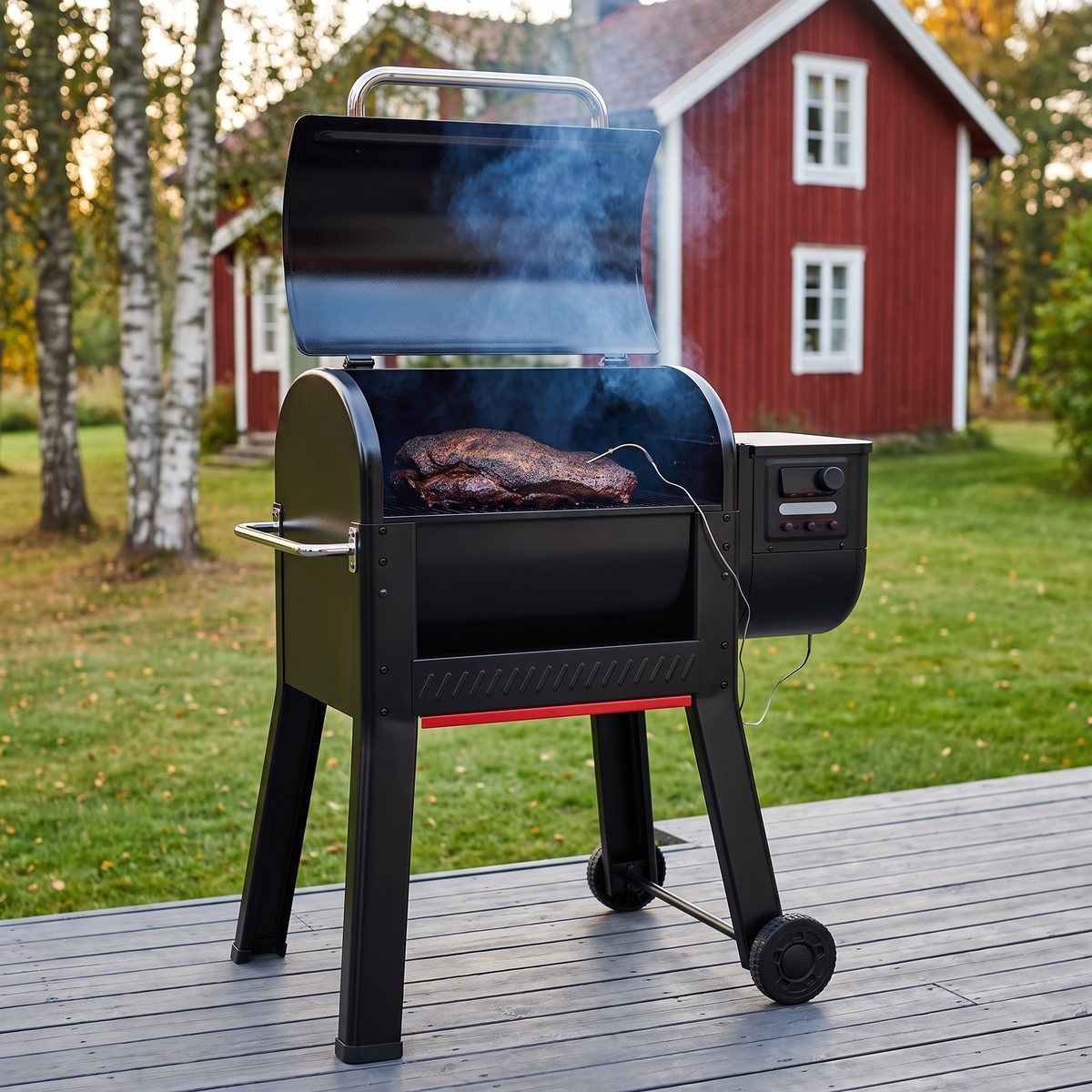 Weber Smoque pelletsgrill med öppet lock och en brisket med mätsticka på gallret, på en altan framför ett rött trähus