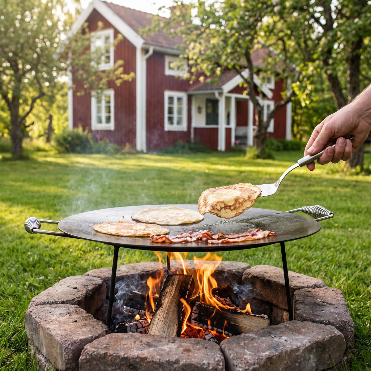 Hällmark stekhäll 58 cm på tre ben över en eldstad på gräsmattan framför en röd stuga, med pannkakor och bacon