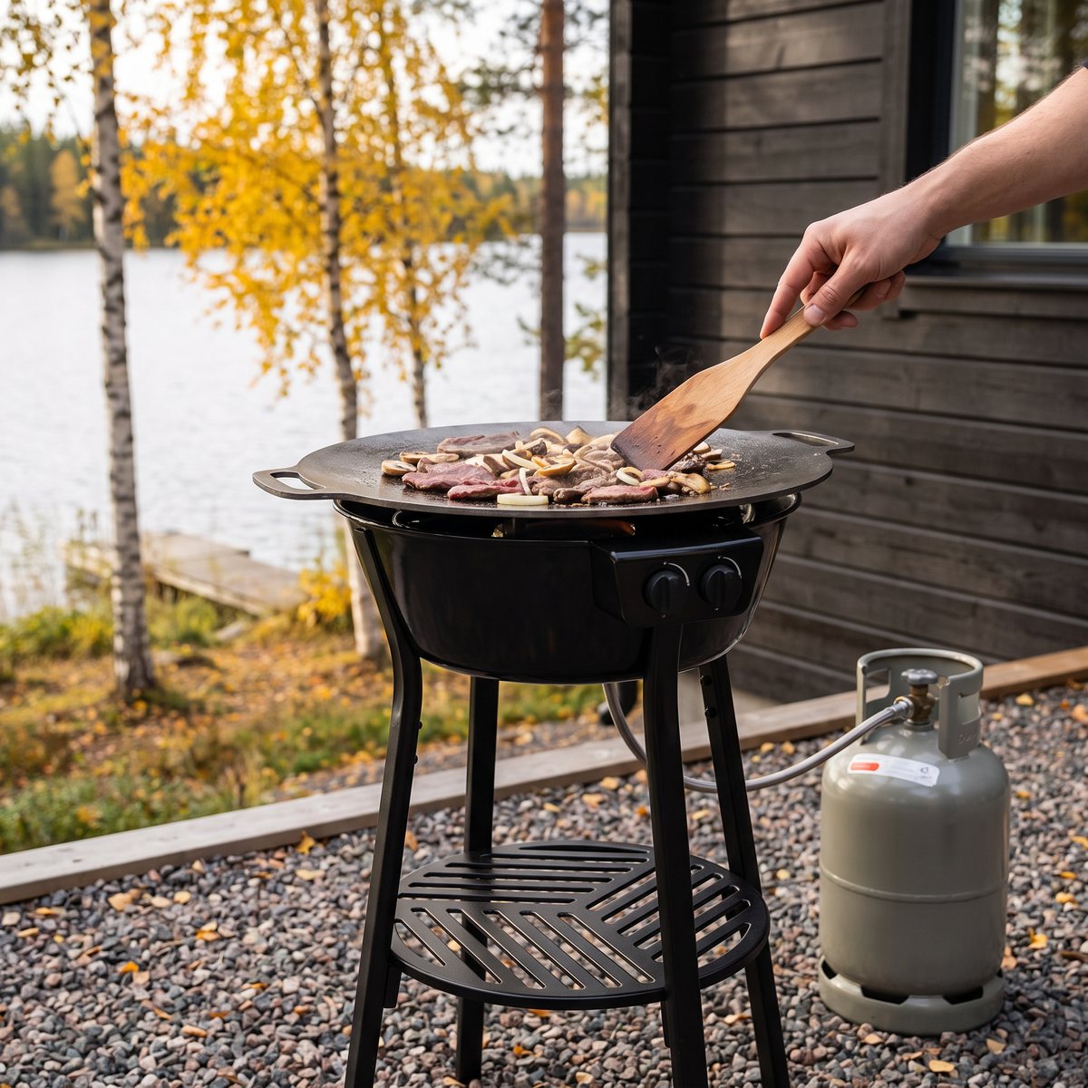 Muurikka LL stekhällsset gasol på grusgången vid ett svenskt sjöhus i höstljus, med kött och svamp på hällen och gasolflaskan bredvid