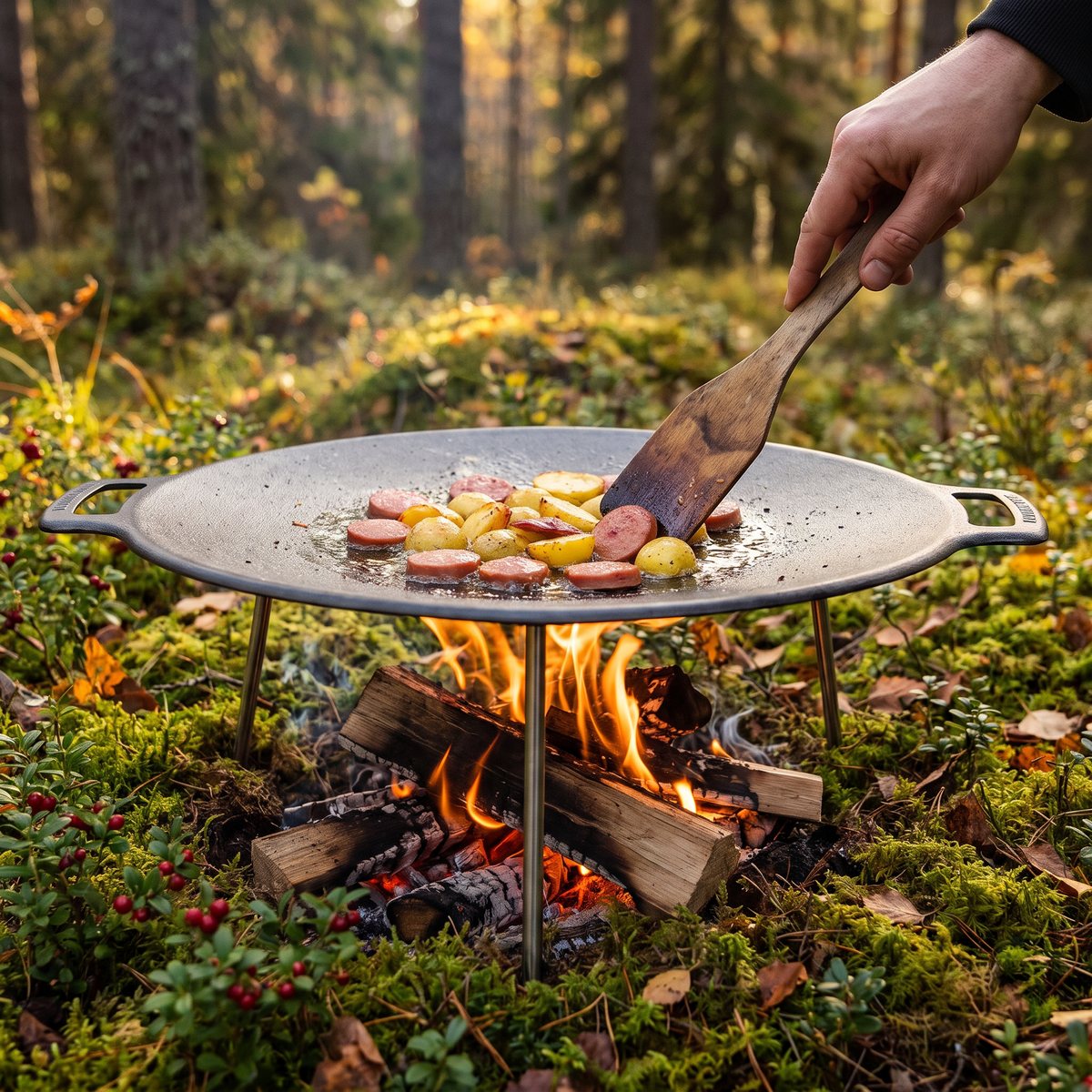 Muurikka stekhäll 38 cm på ben över en liten lägereld i en svensk granskog, med falukorv och potatis för två