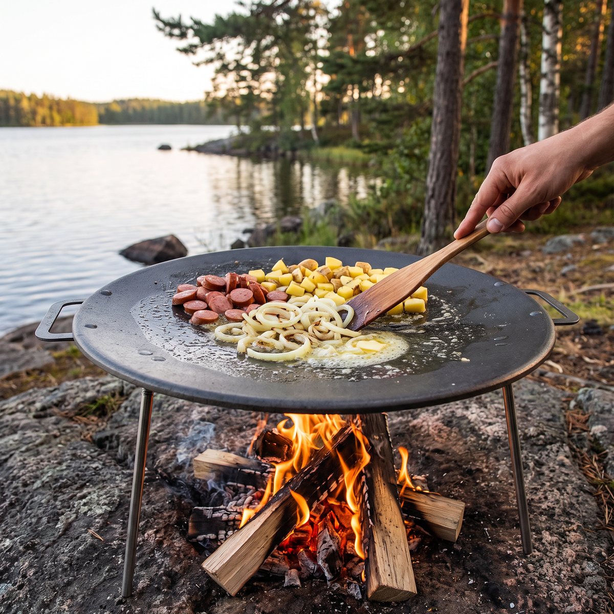 Muurikka stekhäll 58 cm på sina tre ben över en lägereld vid en svensk sjöstrand, med lök, potatis och korv i smöret mitt i hällen