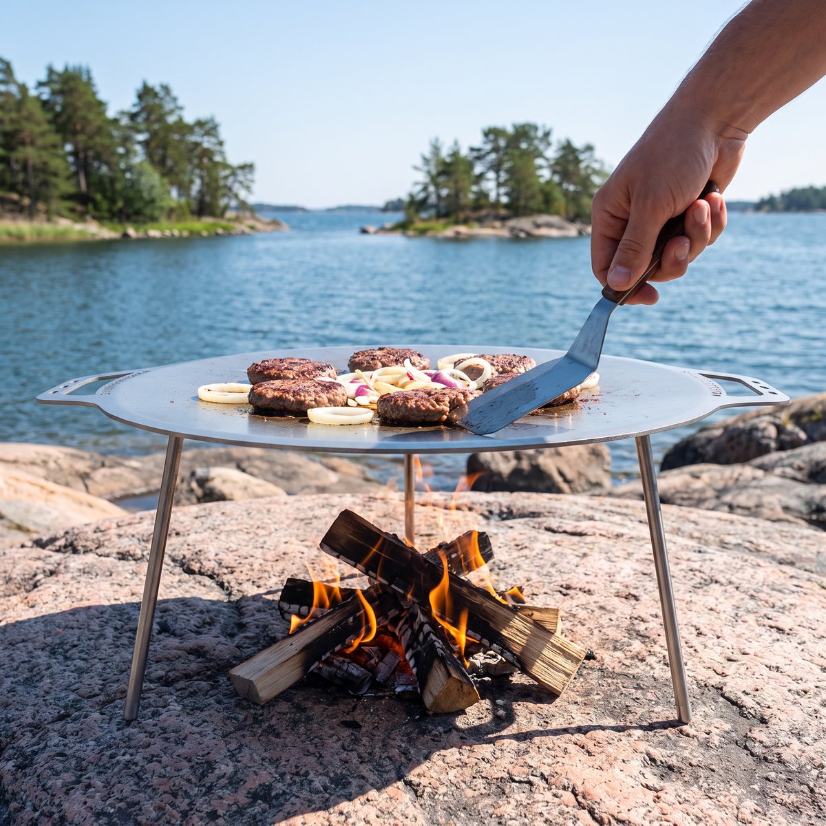 Stabilotherm stekhäll 48 cm över en liten eld på granithällar i skärgården, med hamburgare och lök som vänds med stekspade