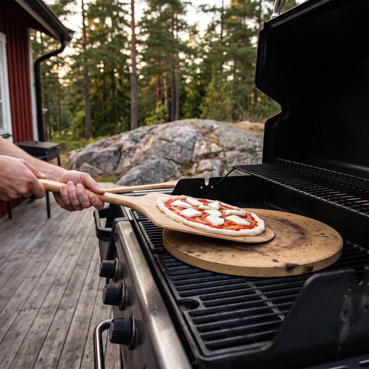 Tjock beige pizzasten från Broil King på grillgallret medan en pizza skjuts in med träspade på en altan vid en röd stuga