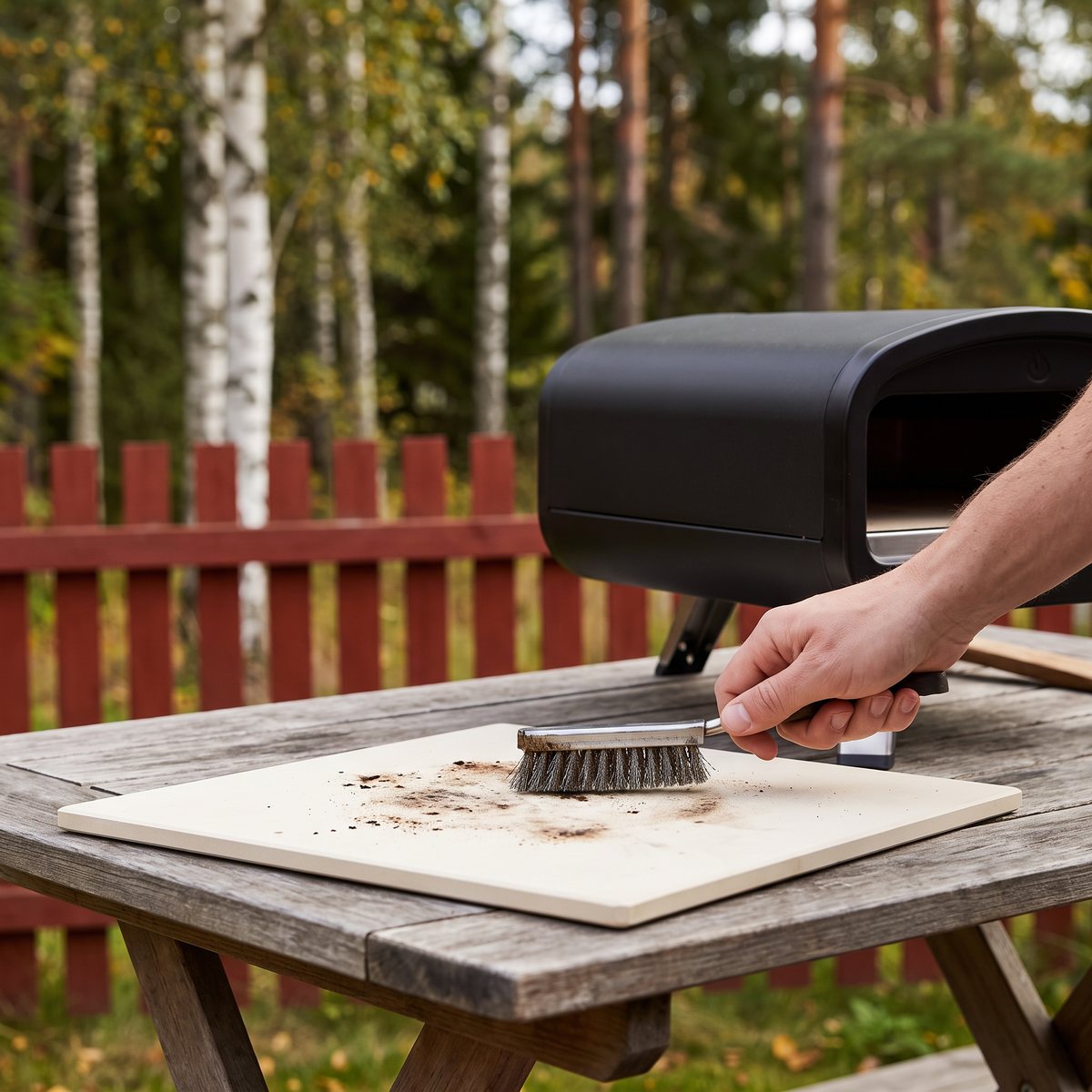 Stor kvadratisk pizzasten från Cozze borstas ren med stålborste på ett trädgårdsbord bredvid en pizzaugn i en svensk trädgård