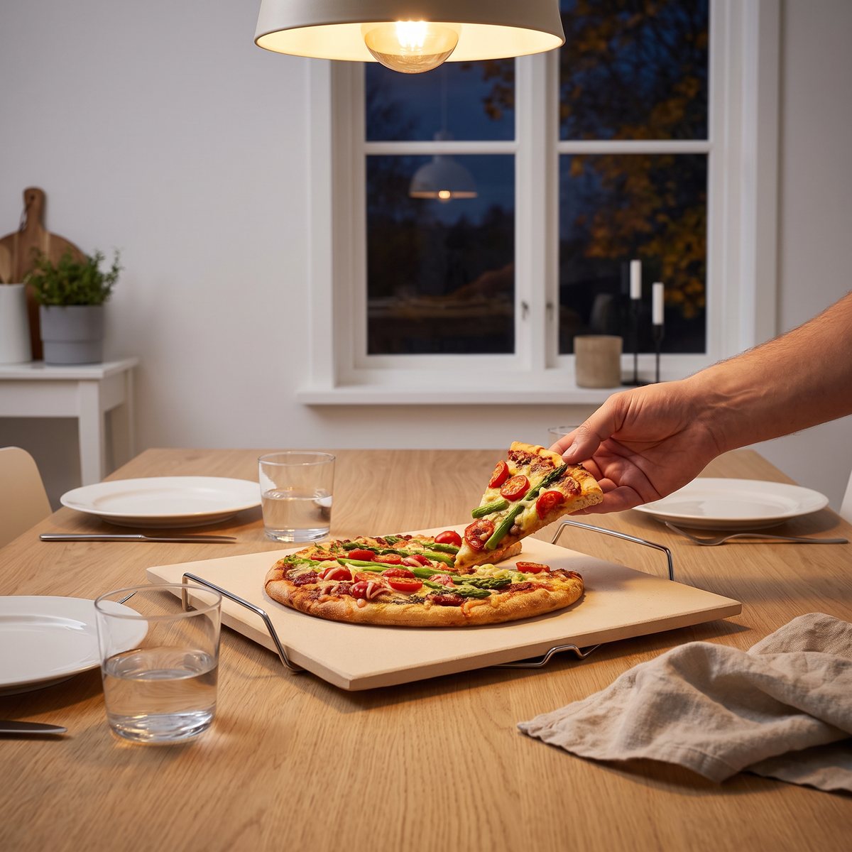 Ljus pizzasten från Küchenprofi i sitt stativ med pizza mitt på ett matbord i en svensk matsal en höstkväll