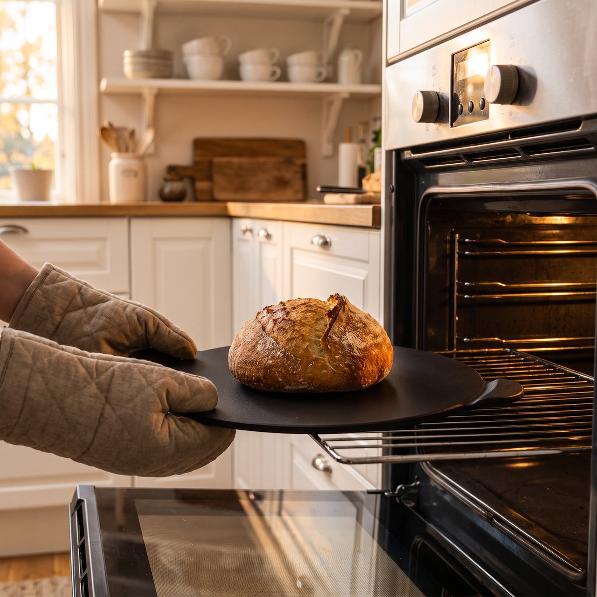 Svart rund pizzasten från Muurikka med ett nybakat surdegsbröd lyfts ut ur ugnen med grytvantar i ett svenskt kök