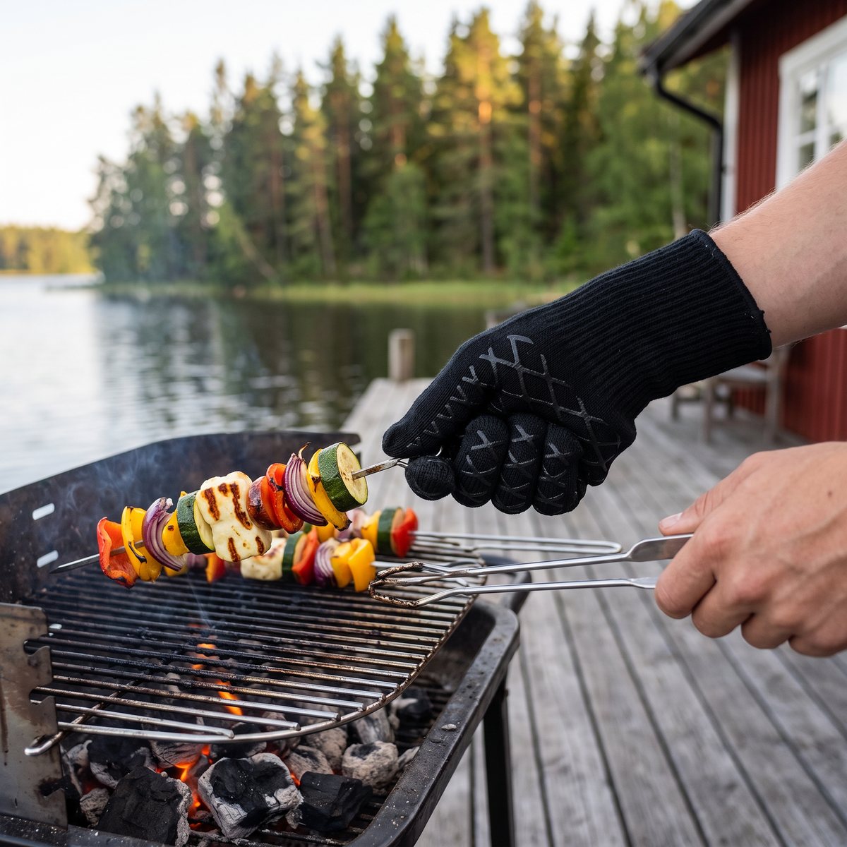 Svart Mustang-grillhandske i aramid med silikonmönster plockar upp ett grillspett från kolgrillen på en brygga vid en svensk sjö