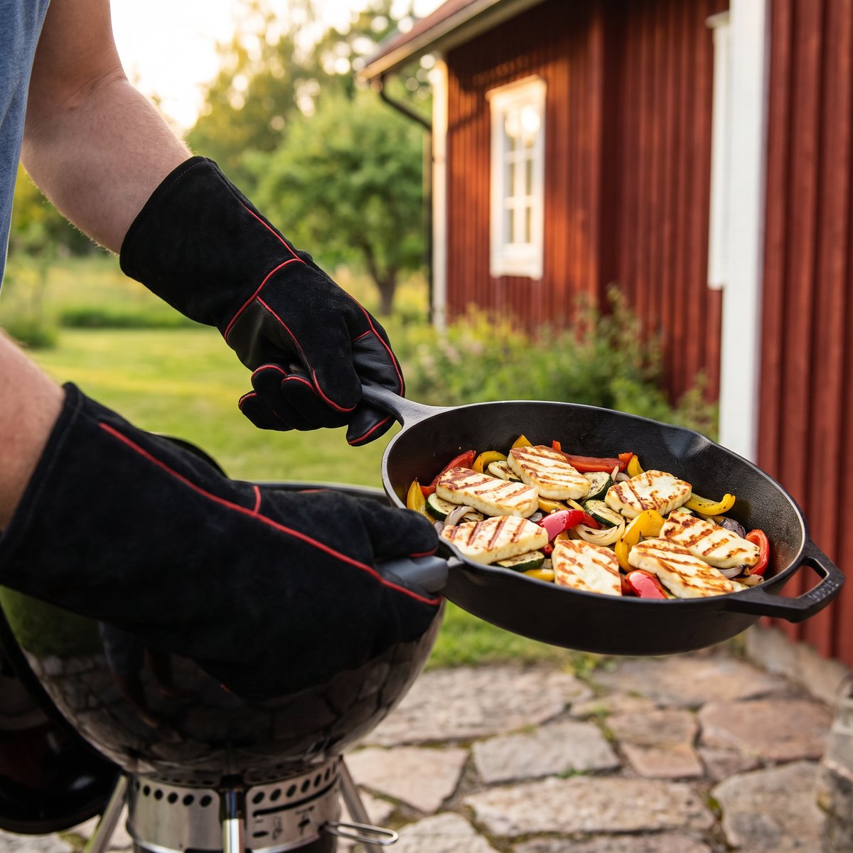 Svarta Weber-grillhandskar i läder bär en het gjutjärnspanna med grillad halloumi och grönsaker från grillen, framför ett rött trähus i Sverige
