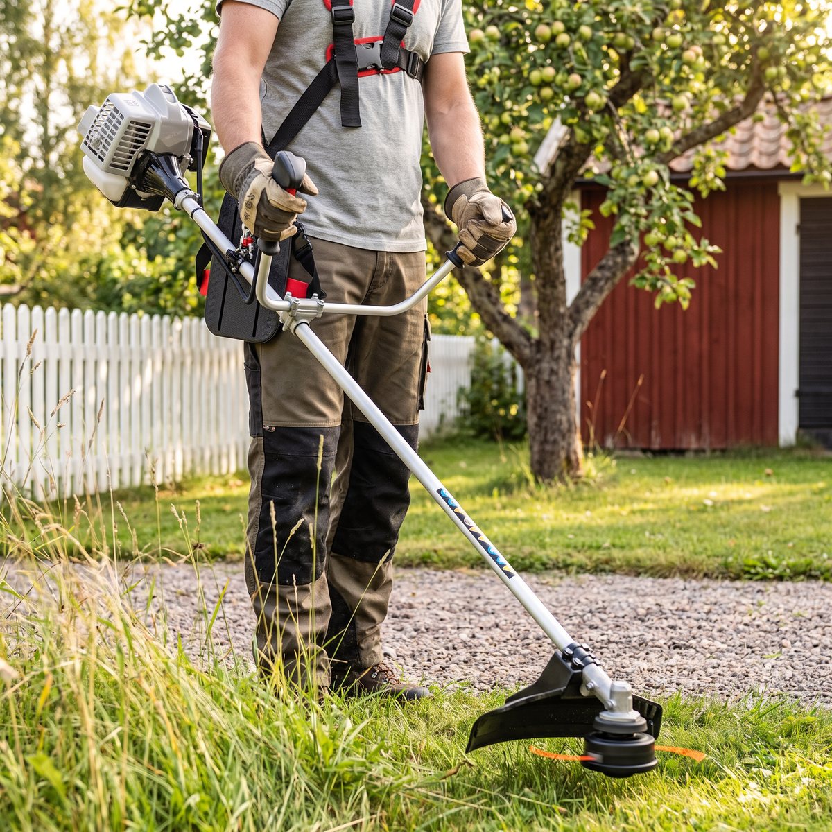 AL-KO BC 223 B med bärsele som trimmar högt gräs längs en grusgång vid vitt staket och rött förråd