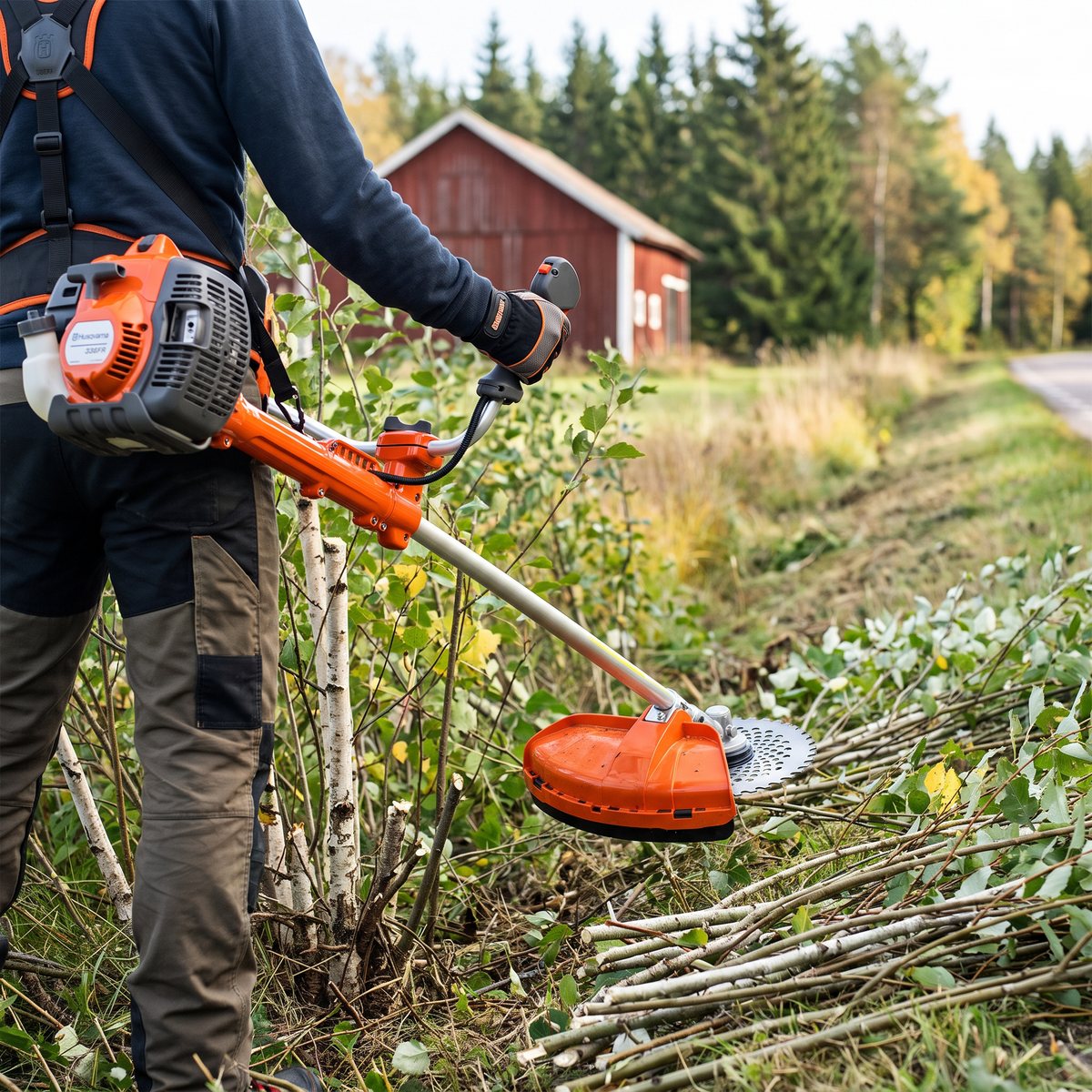 Husqvarna 336FR med röjklinga som röjer ung björksly i ett dike vid en röd lada och granskog