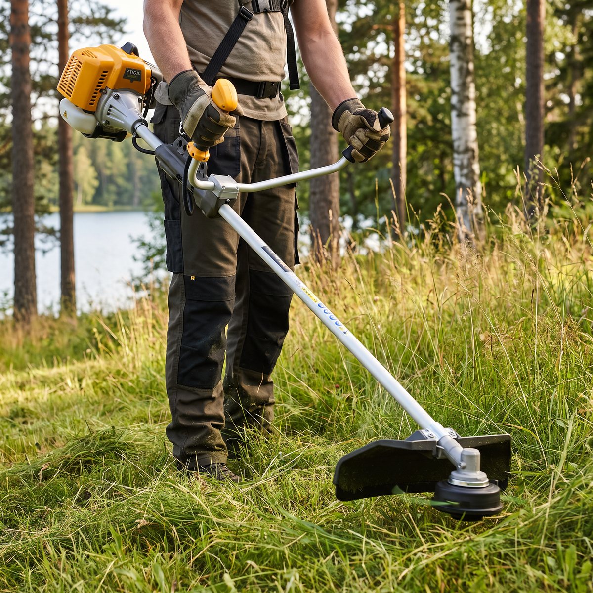 Stiga BC 545 B med dubbelsele som klipper högt gräs på en sluttande sommarstugetomt med tallar och sjö