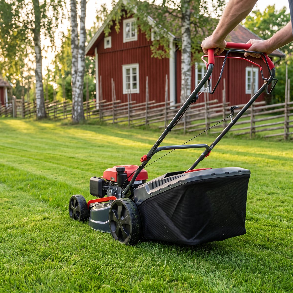AL-KO Comfort 51.0 SP-A klipper en gräsmatta med uppsamlare vid ett rött trähus med björkar och gärdesgård