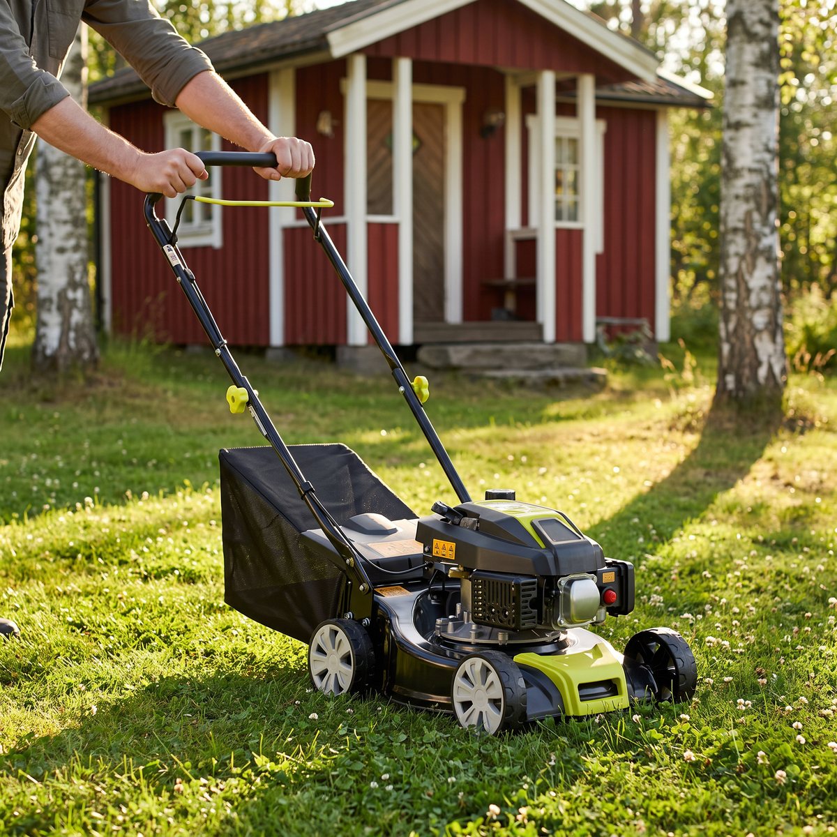 Liten Metalcraft-bensinklippare skjuts över en klövergräsmatta framför en röd stuga med björkar